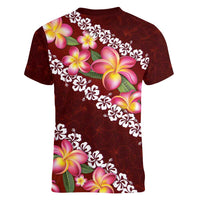Oxblood Polynesia Women V-Neck T-Shirt Plumeria With Hibiscus Pattern Tropical Vibes