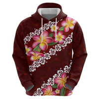 Oxblood Polynesia Zip Hoodie Plumeria With Hibiscus Pattern Tropical Vibes