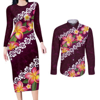 Pink Polynesia Couples Matching Long Sleeve Bodycon Dress and Long Sleeve Button Shirt Plumeria With Hibiscus Pattern Tropical Vibes LT14 Pink - Polynesian Pride