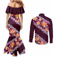 Pink Polynesia Couples Matching Mermaid Dress and Long Sleeve Button Shirt Plumeria With Hibiscus Pattern Tropical Vibes LT14 - Polynesian Pride