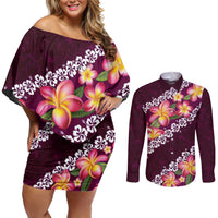 Pink Polynesia Couples Matching Off Shoulder Short Dress and Long Sleeve Button Shirt Plumeria With Hibiscus Pattern Tropical Vibes LT14 Pink - Polynesian Pride