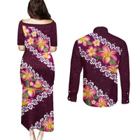 Pink Polynesia Couples Matching Puletasi and Long Sleeve Button Shirt Plumeria With Hibiscus Pattern Tropical Vibes LT14 - Polynesian Pride