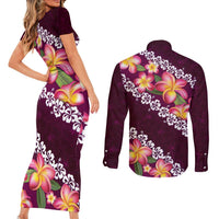 Pink Polynesia Couples Matching Short Sleeve Bodycon Dress and Long Sleeve Button Shirt Plumeria With Hibiscus Pattern Tropical Vibes LT14 - Polynesian Pride