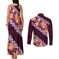 Pink Polynesia Couples Matching Tank Maxi Dress and Long Sleeve Button Shirt Plumeria With Hibiscus Pattern Tropical Vibes LT14 - Polynesian Pride