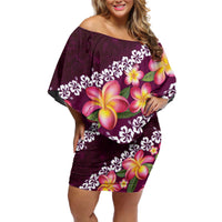 Pink Polynesia Off Shoulder Short Dress Plumeria With Hibiscus Pattern Tropical Vibes LT14 Women Pink - Polynesian Pride