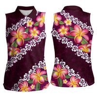 Pink Polynesia Women Sleeveless Polo Shirt Plumeria With Hibiscus Pattern Tropical Vibes