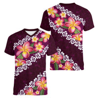 Pink Polynesia Women V-Neck T-Shirt Plumeria With Hibiscus Pattern Tropical Vibes