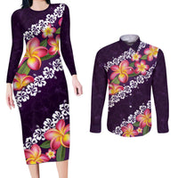 Purple Polynesia Couples Matching Long Sleeve Bodycon Dress and Long Sleeve Button Shirt Plumeria With Hibiscus Pattern Tropical Vibes LT14 Purple - Polynesian Pride