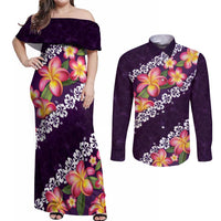 Purple Polynesia Couples Matching Off Shoulder Maxi Dress and Long Sleeve Button Shirt Plumeria With Hibiscus Pattern Tropical Vibes LT14 Purple - Polynesian Pride