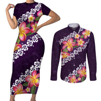 Purple Polynesia Couples Matching Short Sleeve Bodycon Dress and Long Sleeve Button Shirt Plumeria With Hibiscus Pattern Tropical Vibes LT14 Purple - Polynesian Pride