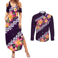 Purple Polynesia Couples Matching Summer Maxi Dress and Long Sleeve Button Shirt Plumeria With Hibiscus Pattern Tropical Vibes LT14 Purple - Polynesian Pride
