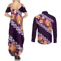 Purple Polynesia Couples Matching Summer Maxi Dress and Long Sleeve Button Shirt Plumeria With Hibiscus Pattern Tropical Vibes LT14 - Polynesian Pride