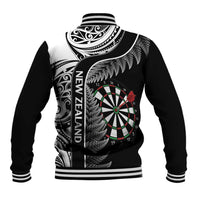Personalised New Zealand Darts Baseball Jacket Aotearoa Fern Mix Paua Shell Manaia - Black LT14 - Polynesian Pride
