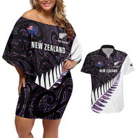 New Zealand Silver Fern Rugby Custom Couples Matching Off Shoulder Short Dress and Hawaiian Shirt Go All Black Purple Maori Paua Shell - Polynesian Pride