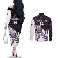 New Zealand Silver Fern Rugby Custom Couples Matching Off The Shoulder Long Sleeve Dress and Long Sleeve Button Shirt Go All Black Purple Maori Paua Shell LT14 - Polynesian Pride