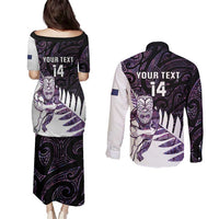New Zealand Silver Fern Rugby Custom Couples Matching Puletasi and Long Sleeve Button Shirt Go All Black Purple Maori Paua Shell - Polynesian Pride