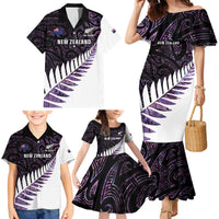 New Zealand Silver Fern Rugby Custom Family Matching Mermaid Dress and Hawaiian Shirt Go All Black Purple Maori Paua Shell - Polynesian Pride
