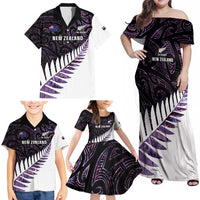 New Zealand Silver Fern Rugby Custom Family Matching Off Shoulder Maxi Dress and Hawaiian Shirt Go All Black Purple Maori Paua Shell - Polynesian Pride