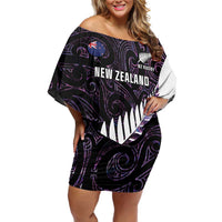 New Zealand Silver Fern Rugby Custom Family Matching Off Shoulder Short Dress and Hawaiian Shirt Go All Black Purple Maori Paua Shell - Polynesian Pride