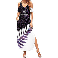 New Zealand Silver Fern Rugby Custom Family Matching Summer Maxi Dress and Hawaiian Shirt Go All Black Purple Maori Paua Shell - Polynesian Pride