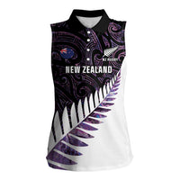 New Zealand Silver Fern Rugby Custom Women Sleeveless Polo Shirt Go All Black Purple Maori Paua Shell - Polynesian Pride
