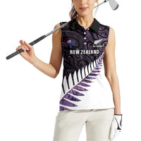 New Zealand Silver Fern Rugby Custom Women Sleeveless Polo Shirt Go All Black Purple Maori Paua Shell - Polynesian Pride