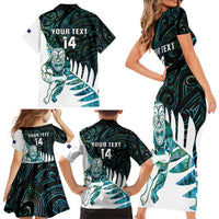 New Zealand Silver Fern Rugby Custom Family Matching Short Sleeve Bodycon Dress and Hawaiian Shirt Go All Black Turquoise Maori Paua Shell - Polynesian Pride