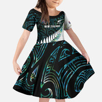 New Zealand Silver Fern Rugby Custom Kid Short Sleeve Dress Go All Black Turquoise Maori Paua Shell - Polynesian Pride