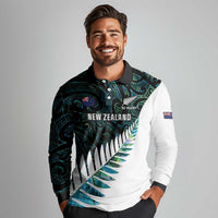 New Zealand Silver Fern Rugby Custom Long Sleeve Polo Shirt Go All Black Turquoise Maori Paua Shell - Polynesian Pride