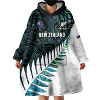 New Zealand Silver Fern Rugby Custom Wearable Blanket Hoodie Go All Black Turquoise Maori Paua Shell - Polynesian Pride