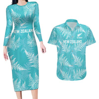 New Zealand Silver Fern Rugby Custom Couples Matching Long Sleeve Bodycon Dress and Hawaiian Shirt Go Aotearoa Champions Turquoise Version - Polynesian Pride