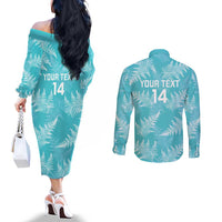 New Zealand Silver Fern Rugby Custom Couples Matching Off The Shoulder Long Sleeve Dress and Long Sleeve Button Shirt Go Aotearoa Champions Turquoise Version - Polynesian Pride