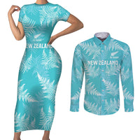 New Zealand Silver Fern Rugby Custom Couples Matching Short Sleeve Bodycon Dress and Long Sleeve Button Shirt Go Aotearoa Champions Turquoise Version - Polynesian Pride