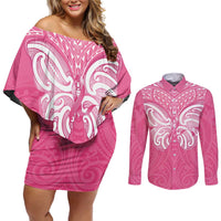 New Zealand Breast Cancer Awareness Couples Matching Off Shoulder Short Dress and Long Sleeve Button Shirt Maori Butterfly Pink Ribbon - Polynesian Pride