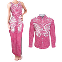 New Zealand Breast Cancer Awareness Couples Matching Tank Maxi Dress and Long Sleeve Button Shirt Maori Butterfly Pink Ribbon - Polynesian Pride