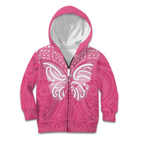 New Zealand Breast Cancer Awareness Kid Hoodie Maori Butterfly Pink Ribbon - Polynesian Pride