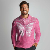 New Zealand Breast Cancer Awareness Long Sleeve Polo Shirt Maori Butterfly Pink Ribbon - Polynesian Pride