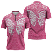 New Zealand Breast Cancer Awareness Zipper Polo Shirt Maori Butterfly Pink Ribbon - Polynesian Pride