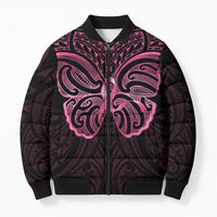 New Zealand Breast Cancer Awareness Bomber Puffer Jacket Maori Butterfly Pink Ribbon Black Version - Polynesian Pride