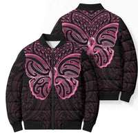 New Zealand Breast Cancer Awareness Bomber Puffer Jacket Maori Butterfly Pink Ribbon Black Version - Polynesian Pride