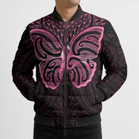 New Zealand Breast Cancer Awareness Bomber Puffer Jacket Maori Butterfly Pink Ribbon Black Version - Polynesian Pride
