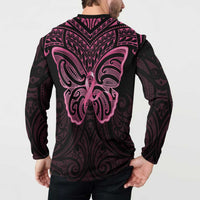 New Zealand Breast Cancer Awareness Button Sweatshirt Maori Butterfly Pink Ribbon Black Version - Polynesian Pride