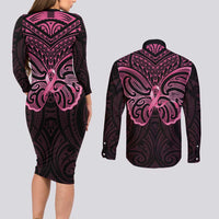 New Zealand Breast Cancer Awareness Couples Matching Long Sleeve Bodycon Dress and Long Sleeve Button Shirt Maori Butterfly Pink Ribbon Black Version - Polynesian Pride