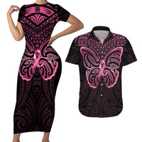 New Zealand Breast Cancer Awareness Couples Matching Short Sleeve Bodycon Dress and Hawaiian Shirt Maori Butterfly Pink Ribbon Black Version - Polynesian Pride