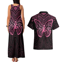 New Zealand Breast Cancer Awareness Couples Matching Tank Maxi Dress and Hawaiian Shirt Maori Butterfly Pink Ribbon Black Version - Polynesian Pride