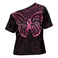 New Zealand Breast Cancer Awareness Cross Shoulder Shirt Maori Butterfly Pink Ribbon Black Version - Polynesian Pride