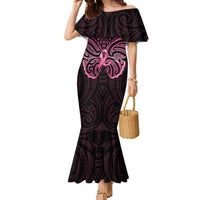 New Zealand Breast Cancer Awareness Family Matching Mermaid Dress and Hawaiian Shirt Maori Butterfly Pink Ribbon Black Version - Polynesian Pride