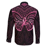 New Zealand Breast Cancer Awareness Family Matching Off The Shoulder Long Sleeve Dress and Hawaiian Shirt Maori Butterfly Pink Ribbon Black Version - Polynesian Pride