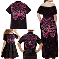 New Zealand Breast Cancer Awareness Family Matching Off Shoulder Maxi Dress and Hawaiian Shirt Maori Butterfly Pink Ribbon Black Version - Polynesian Pride