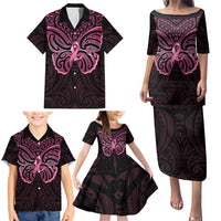 New Zealand Breast Cancer Awareness Family Matching Puletasi and Hawaiian Shirt Maori Butterfly Pink Ribbon Black Version - Polynesian Pride